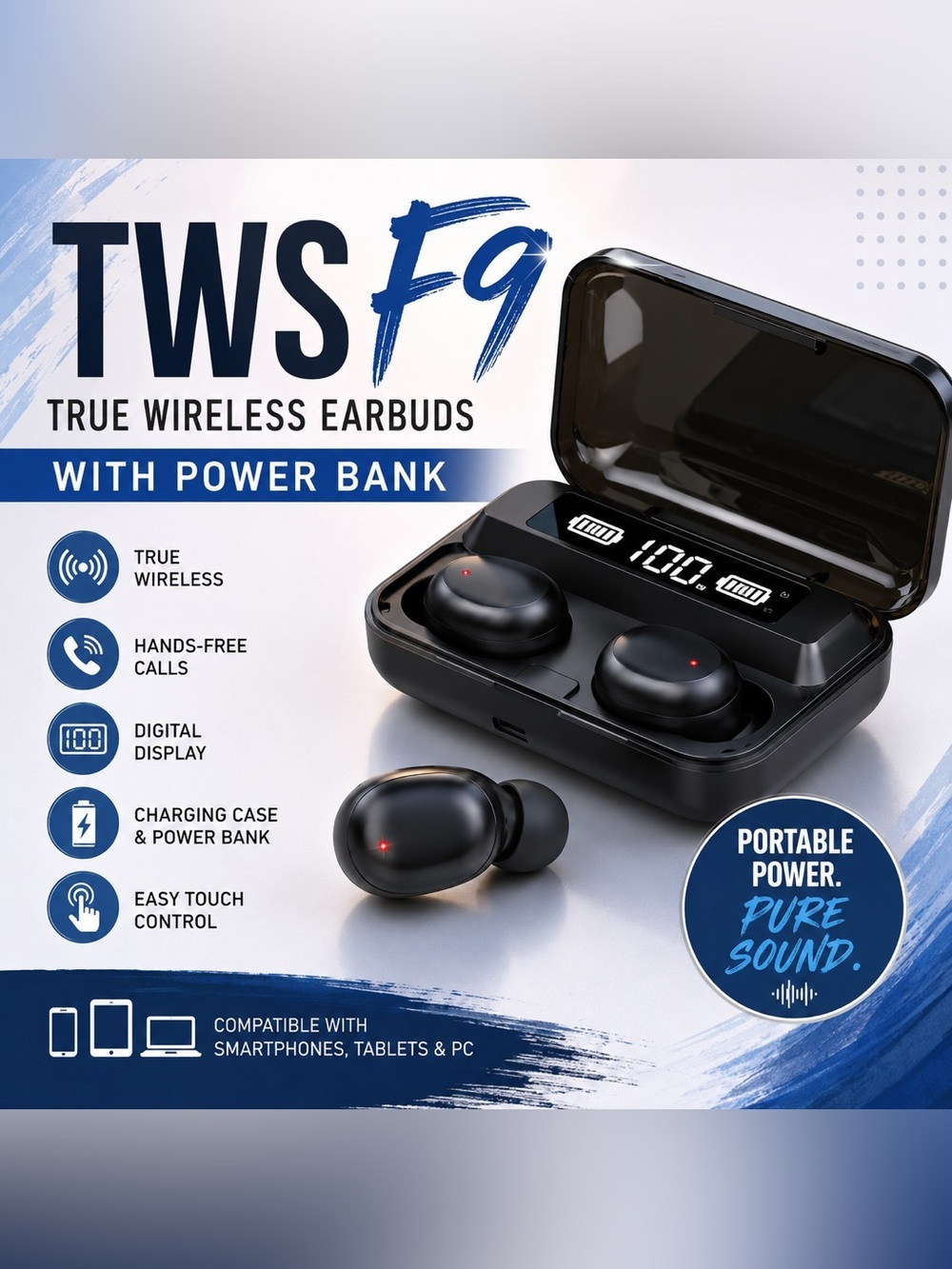 TWS F9 True Wireless Bluetooth Earbuds w/Digital Display Charging Case NWT